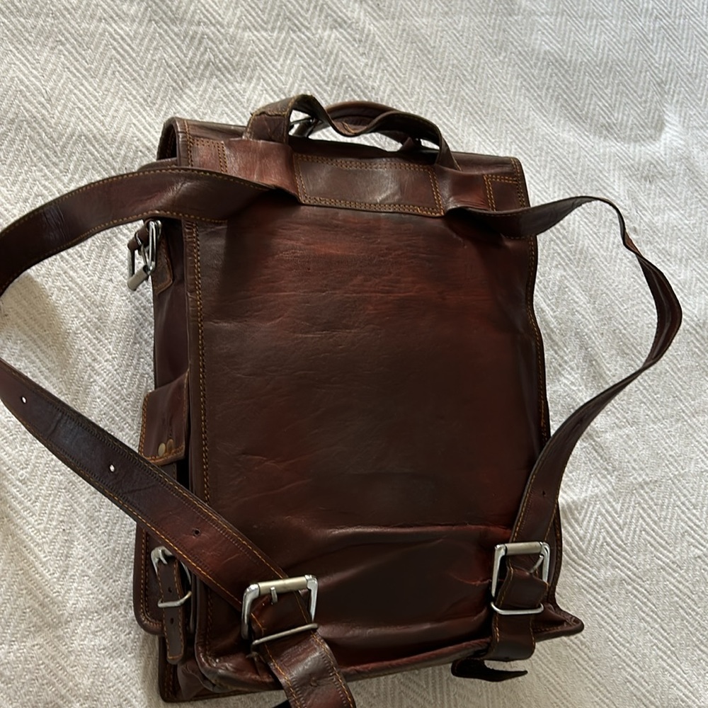 Unisex Brown Handmade Leather Backpack Satchel Convertable School Bag Purse - Picture 3 of 8
